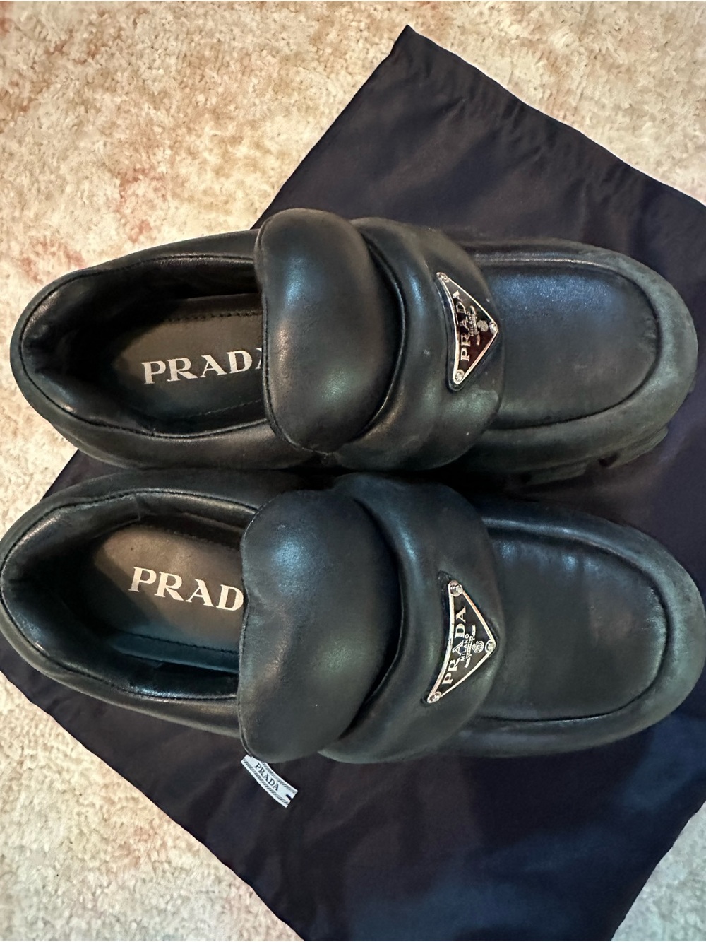 Prada Black Men's Leather Padded Slip-On Loafers with Triangle Logo - Picture 8 of 8